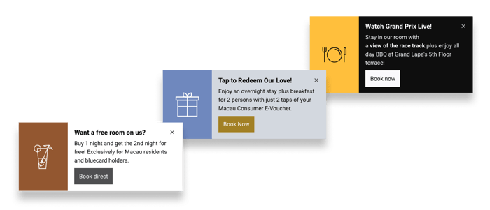 Three Triptease Nudge Messages highlighting Grand Lapa Macau and Grand Coloane Resorts domestic travel offers