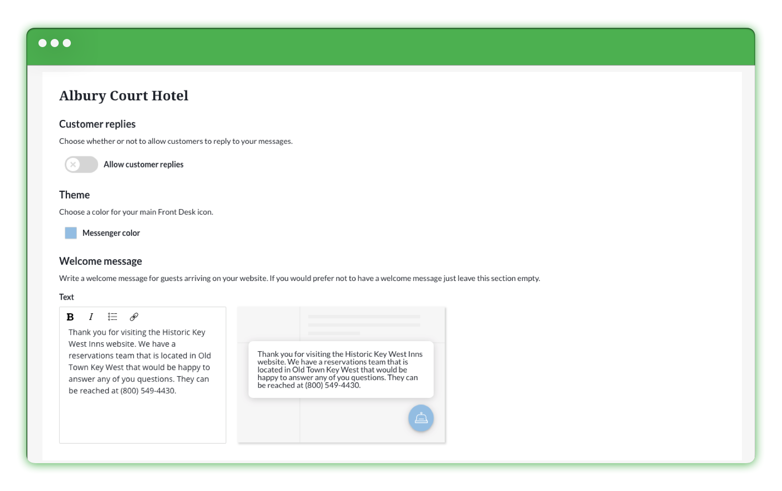 Front Desk settings page showing configurable welcome messages and Front Desk icon colours by hotel