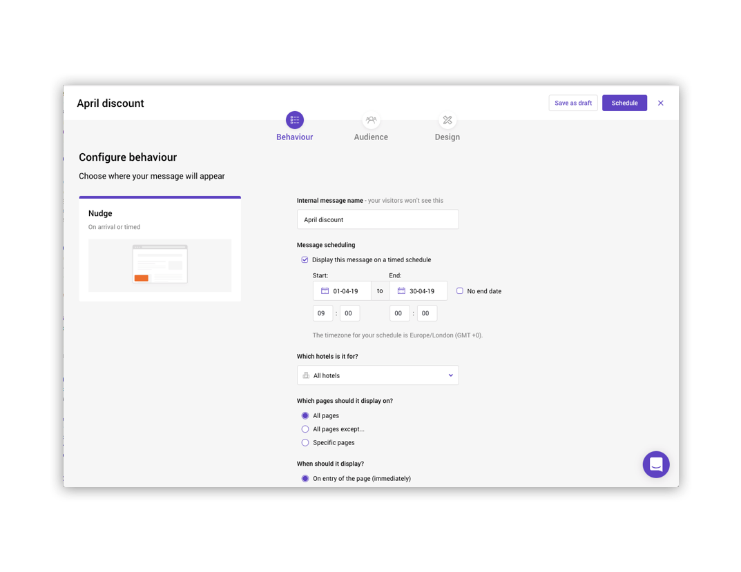 Screen grab of the Message Builder showing message scheduling 