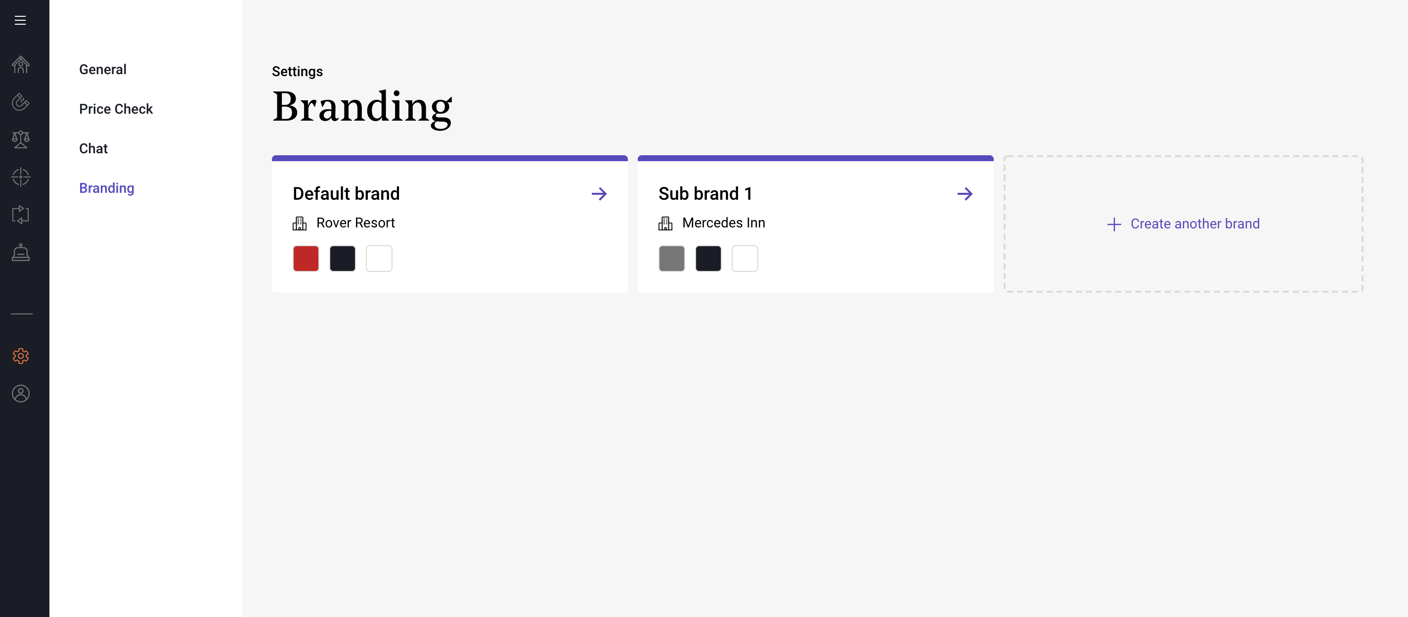 A screenshot of the Triptease Platform 'Branding' page within the 'Settings' section, showing the option to upload both a 'Default brand' and multiple 'Sub brands' for Targeted Messages